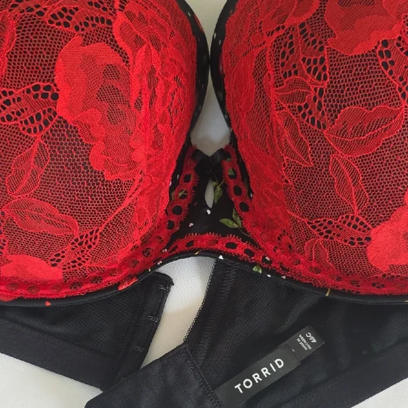 Torrid Red Lace and Black With Cherrirs Print Underwire Bra 46C - Picture 4 of 8